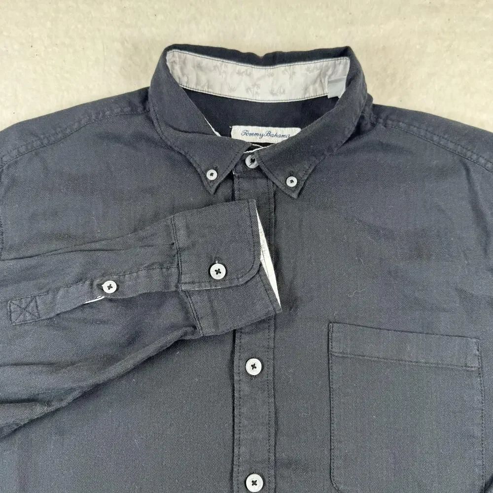 Tommy Bahama Shirt Mens Size L Gray Herringbone Long Sleeve Button Down Casual